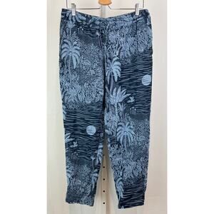 DESMOND & DEMPSEY X H&M Womens 10 Pull On Linen Pants Dark Blue Landscape Print